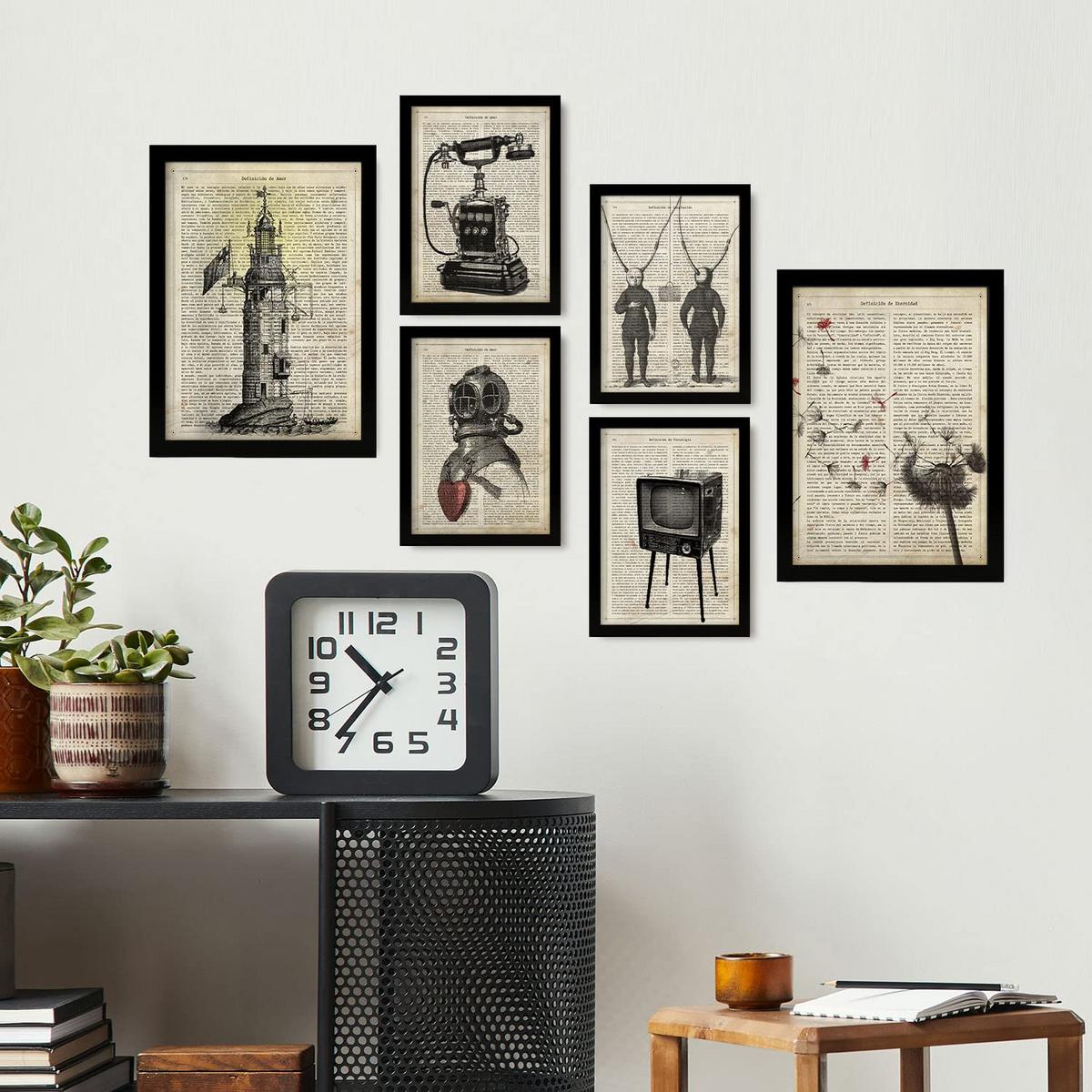 POSTER Set Mit 6 Jahrgang Vintage Papier Plakate Mit Enzyklopädie Revolutionäre Erfindungen Aus Dem Letzten Jahrhundert A3 & A4 Schwarzer Rahmen - Schwarz, Papier (29/3cm) - Nacnic