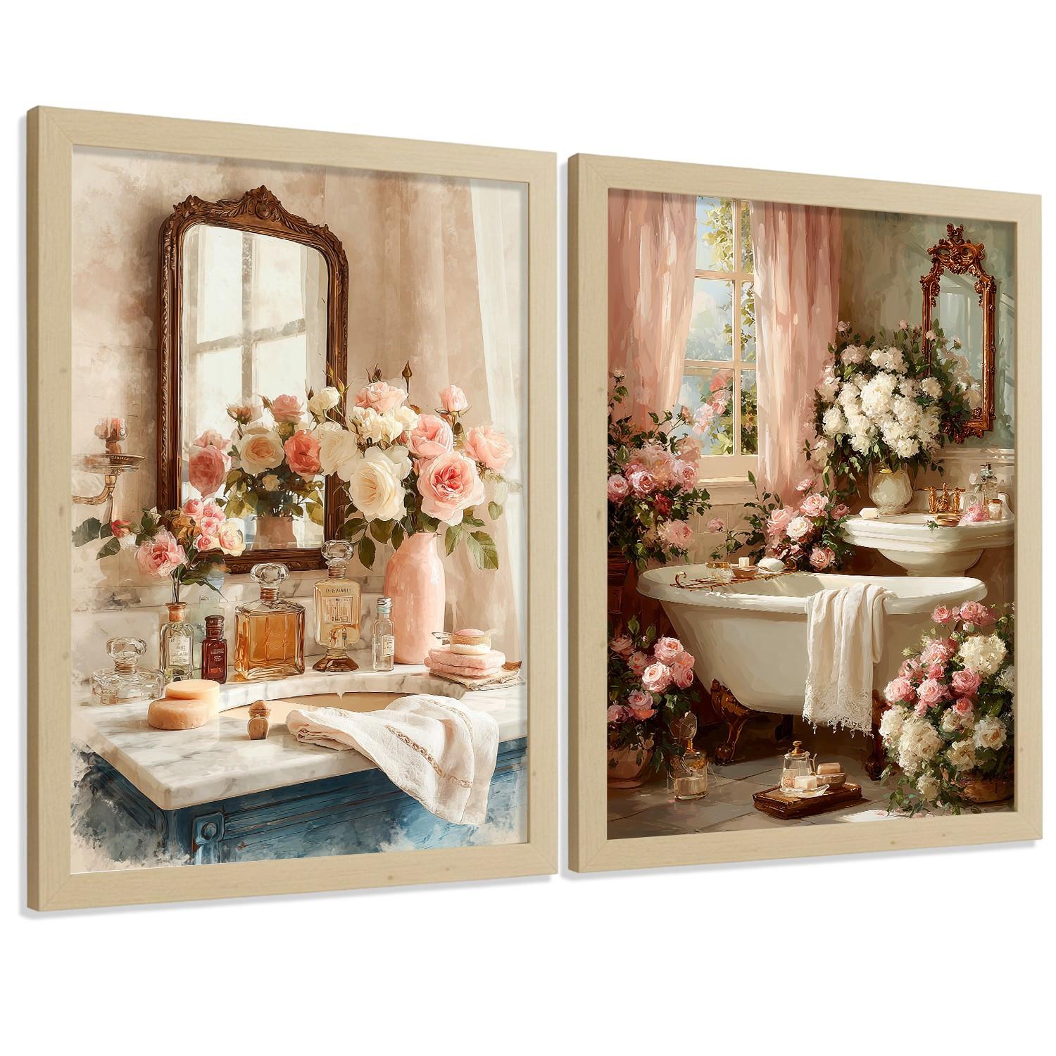 POSTER 2er-Set dekorative Badezimmerdrucke, romantischer Stil, Bilder mit Rosen, Spiegelewanne, elegante, Wohndekoration Leichter Holzrahmen A4 - Beige, Papier (29.7/21/3cm) - Nacnic