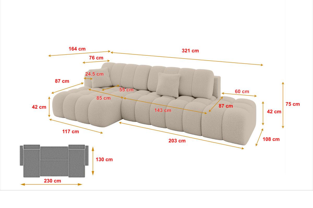 ECKSOFA mit Schlaffunktion Ottomane Links OLEA-L2 321x164x75 Dunkelbeige Bouclé - Hellbraun/Schwarz, Holzwerkstoff/Kunststoff (321/164cm) - ALTDECOR