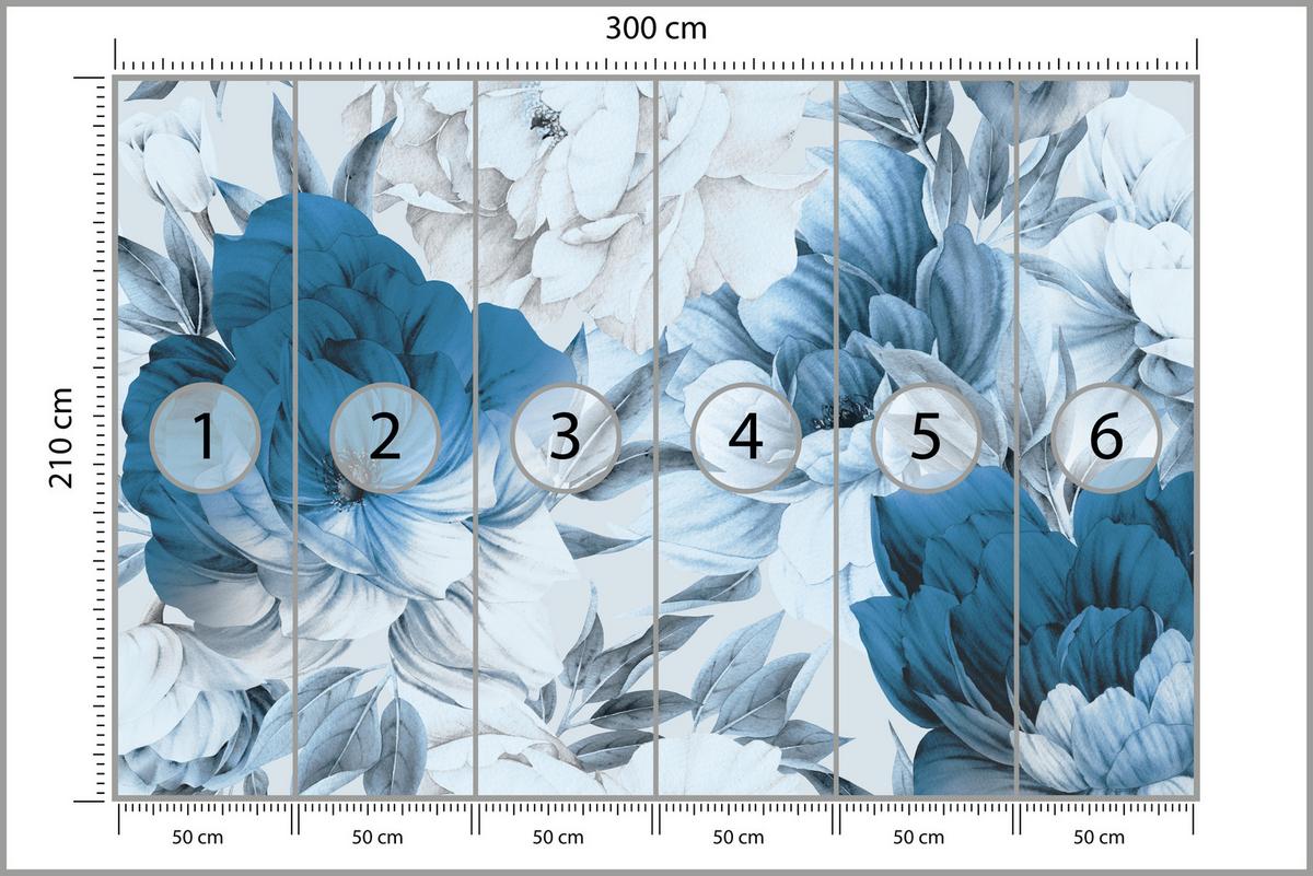 FOTOTAPETE für Wohnzimmer Blaue Pfingstrosen Zart Blumen Boho 300x210 - Blau/Weiß, Papier (300/210cm) - Muralo