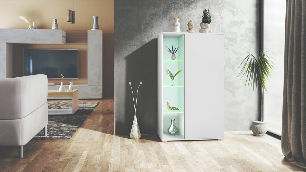 VITRINE Davos Weiß matt - Weiß, Holzwerkstoff (71.5/134/35cm) - Vladon