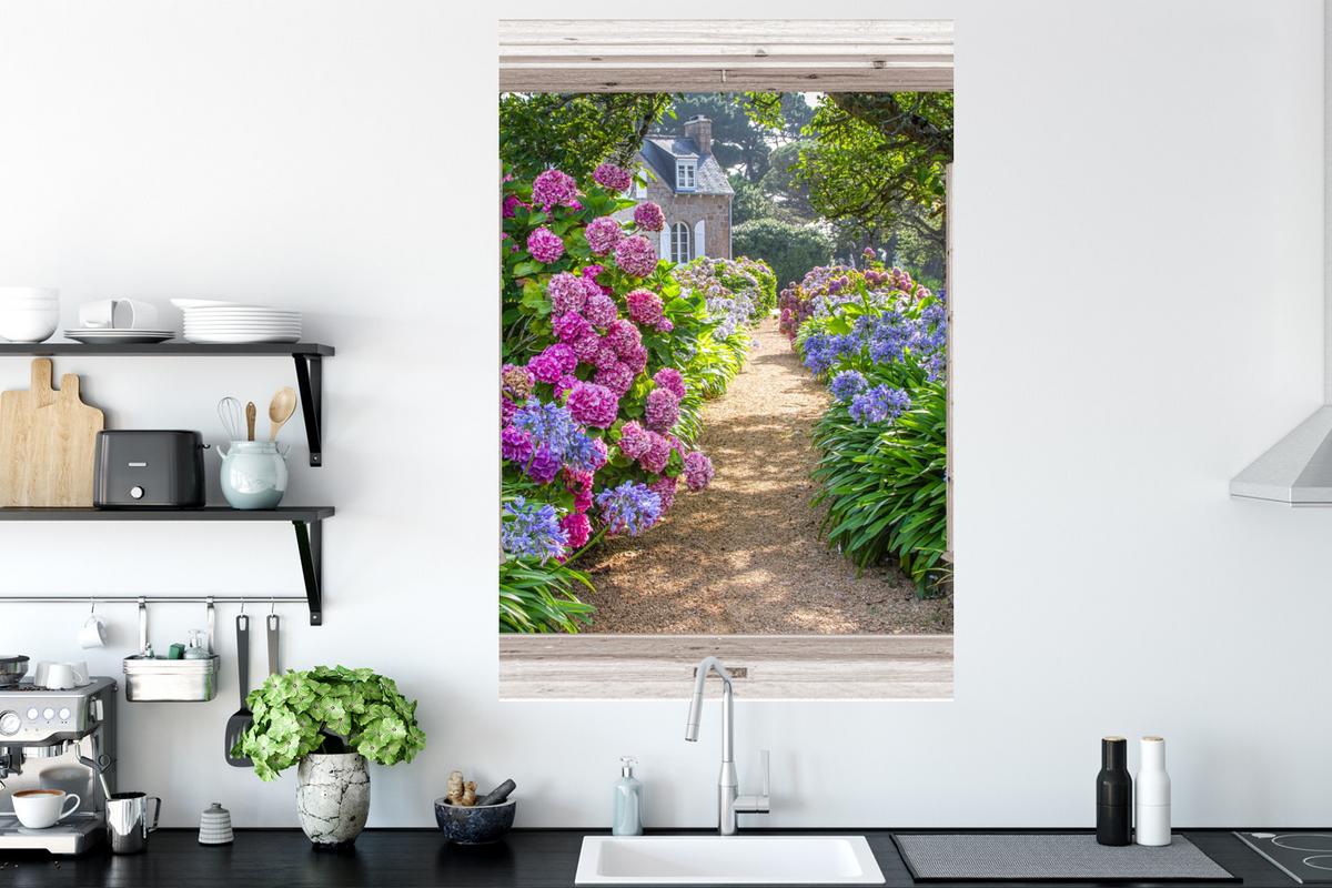 WANDTATTOO Hortensie - Durchsichtig - Blumen - Sommer - Lila - Weg Wandaufkleber 80x120 cm - Lila, Kunststoff (80/120/0.1cm) - MuchoWow