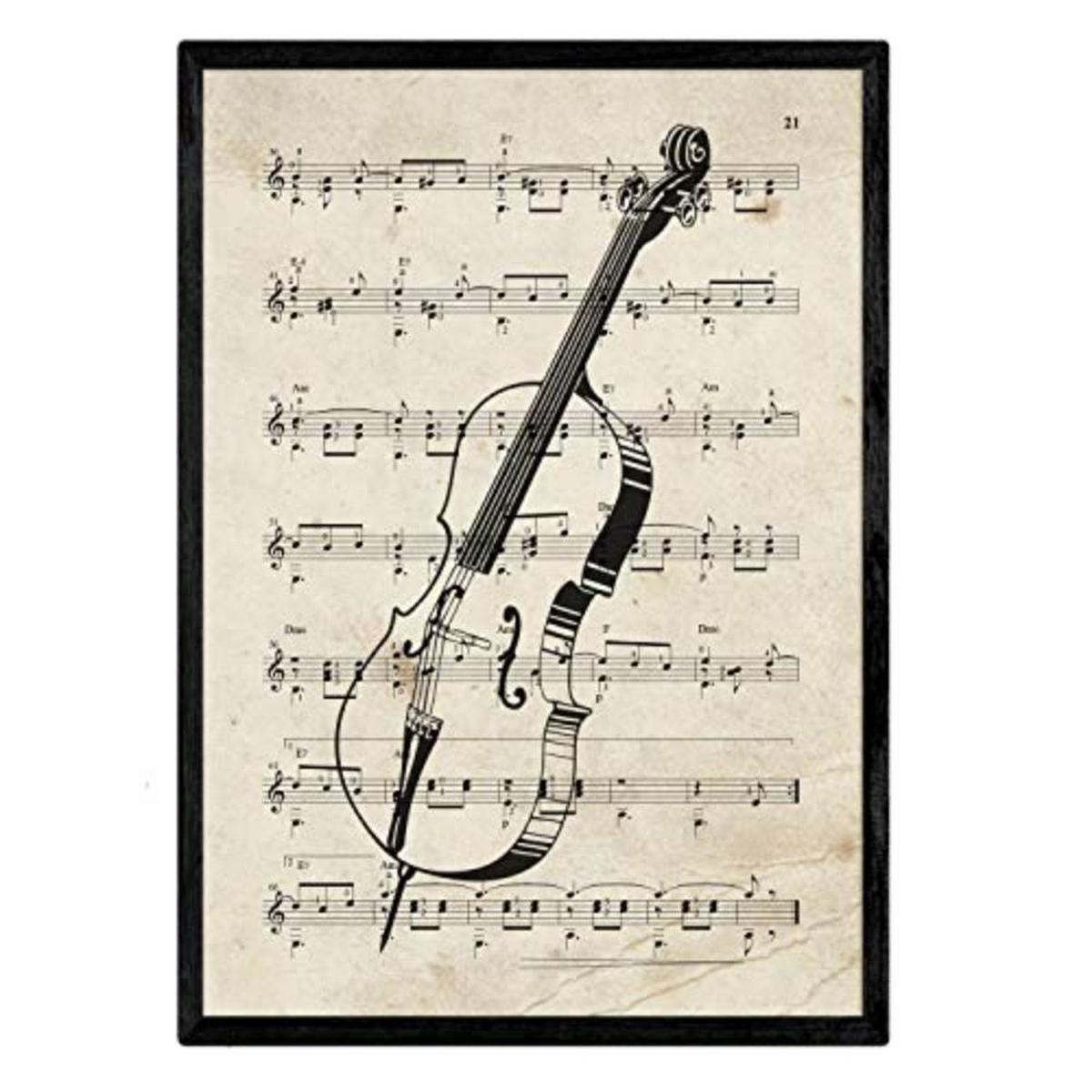 POSTER Set mit 4 Instrumente mit Noten Klavier, Geige, Cello, Akkordeon A4 Schwarzer Rahmen - Schwarz, Papier (29.7/3cm) - Nacnic