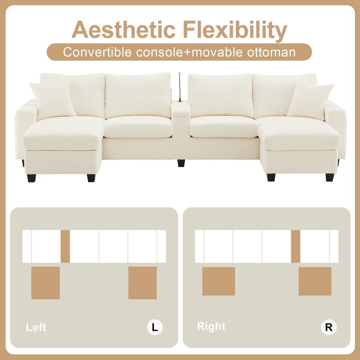 ECKSOFA aus Cord in Beige mit LED Beleuchtung & smarten USB-Anschlüssen - Beige, Textil (128/334cm) - Urban Meuble
