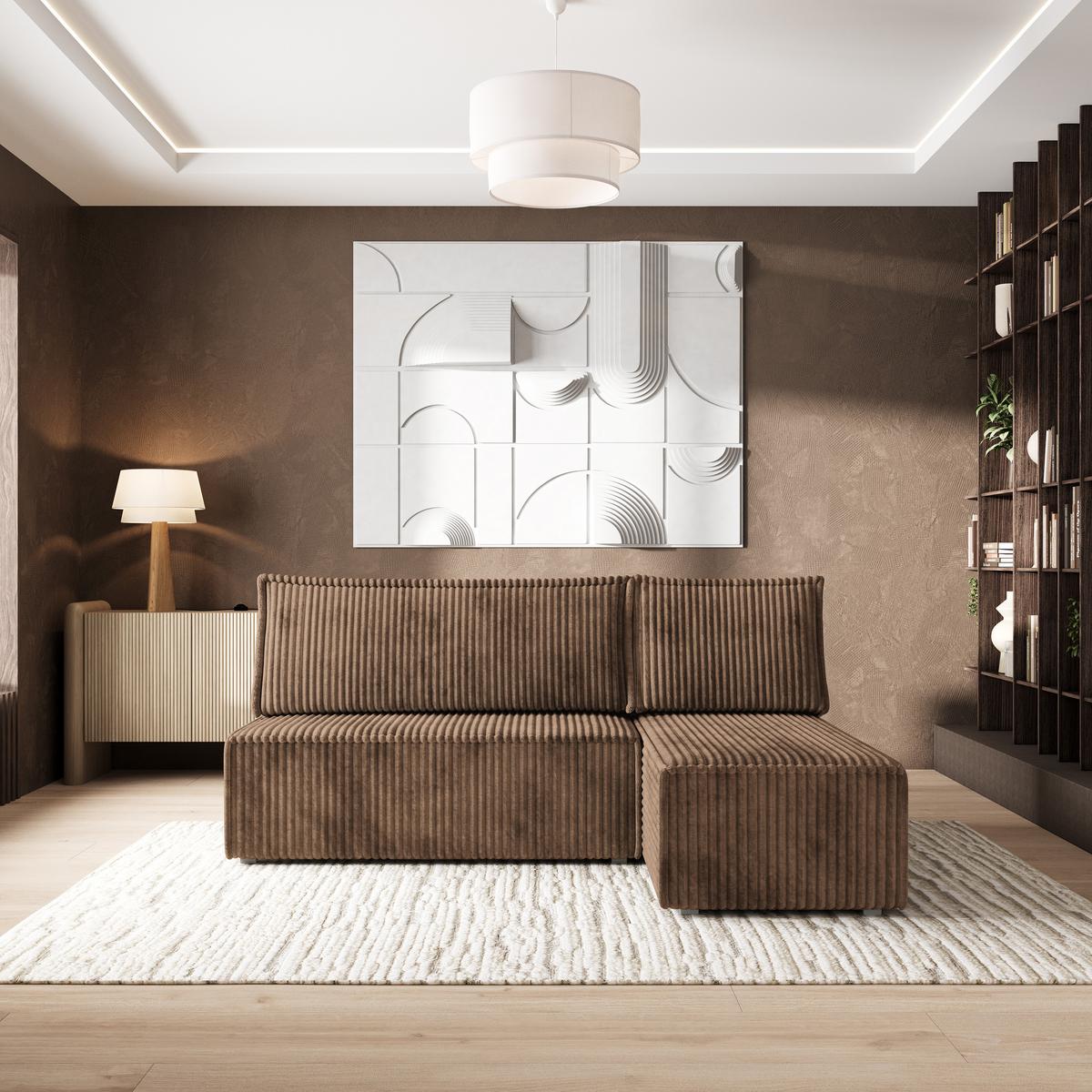 ECKSOFA BRISO T Beige Kordstoff mit Schlaffunktion - Beige/Grau, Holz/Kunststoff (200/140cm) - MASSENO