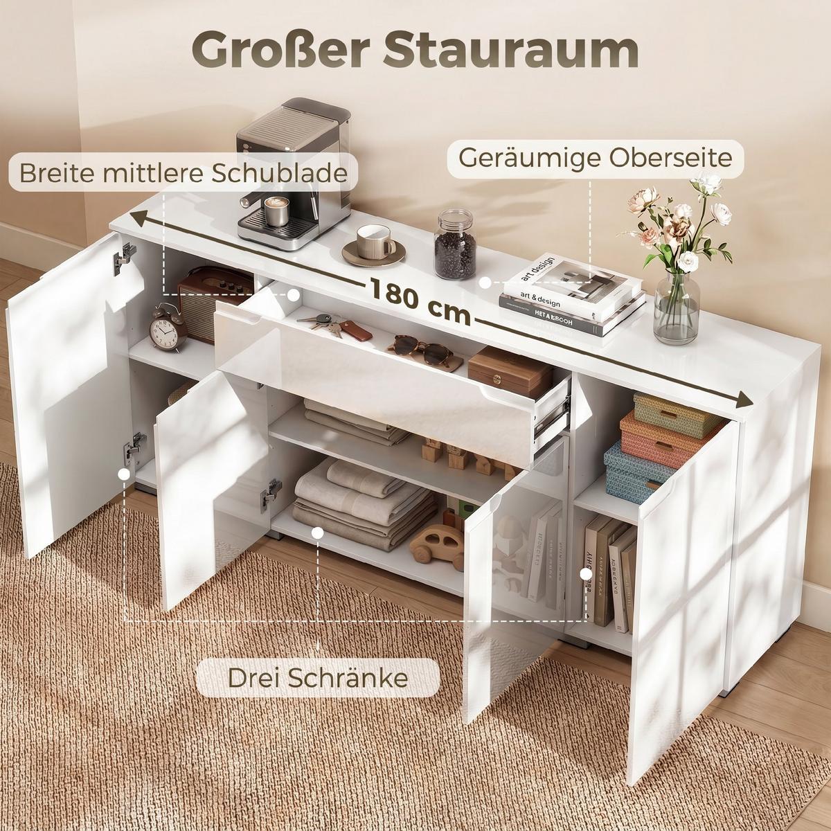 SIDEBOARD MDF Weiß Hochglanz - Weiß Hochglanz, Holzwerkstoff (40/80/180cm) - HOMCOM