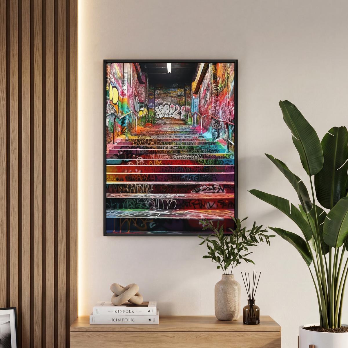 LEINWAND Bilder mit Rahmen - Treppe - Graffiti - Farben - Kunst - 60x80 - Multicolor, Textil (60/80cm) - MuchoWow