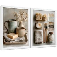 POSTER 2er-Set dekorative Badezimmer-Wandbilder und für Waschbecken, Dusche, WC mit Seifen, Tassen, Blumen künstlerischer Naturstil Weißer Rahmen A4 - Weiß, Papier (29.7/21/3cm) - Nacnic