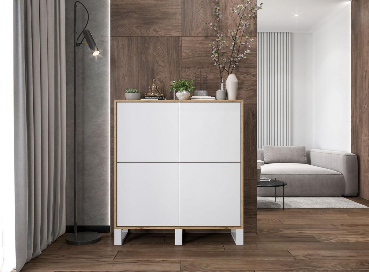 KOMMODE Apollo 4D Eiche wotan Weiß Matt mit metallbeinen 113 cm - Weiß, Holzwerkstoff/Metall (113/127/35cm) - Meble Lindner