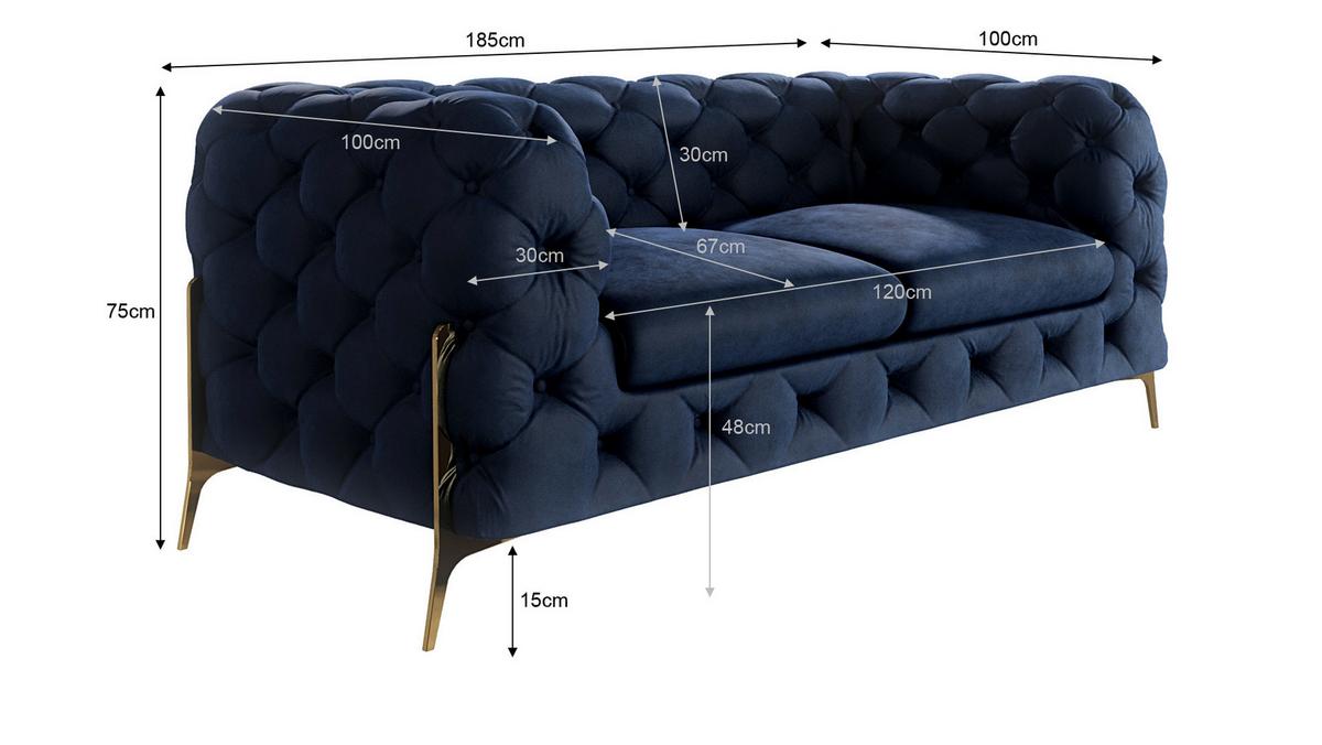 CHESTERFIELD-SOFA 2-Sitzer Lexi Marineblau Samt - Goldfarben/Dunkelblau, Holz/Textil (185/75/100cm) - S-Style Möbel