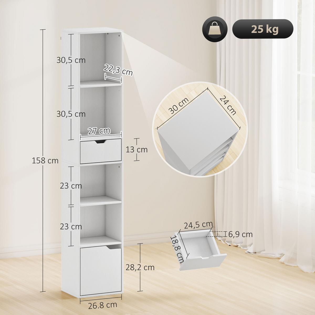 BÜCHERREGAL mit 6 Ebenen 3-stufig verstellbar mit Schublade Schranktür Weiß - Weiß, Holzwerkstoff (24/158/30cm) - HOMCOM