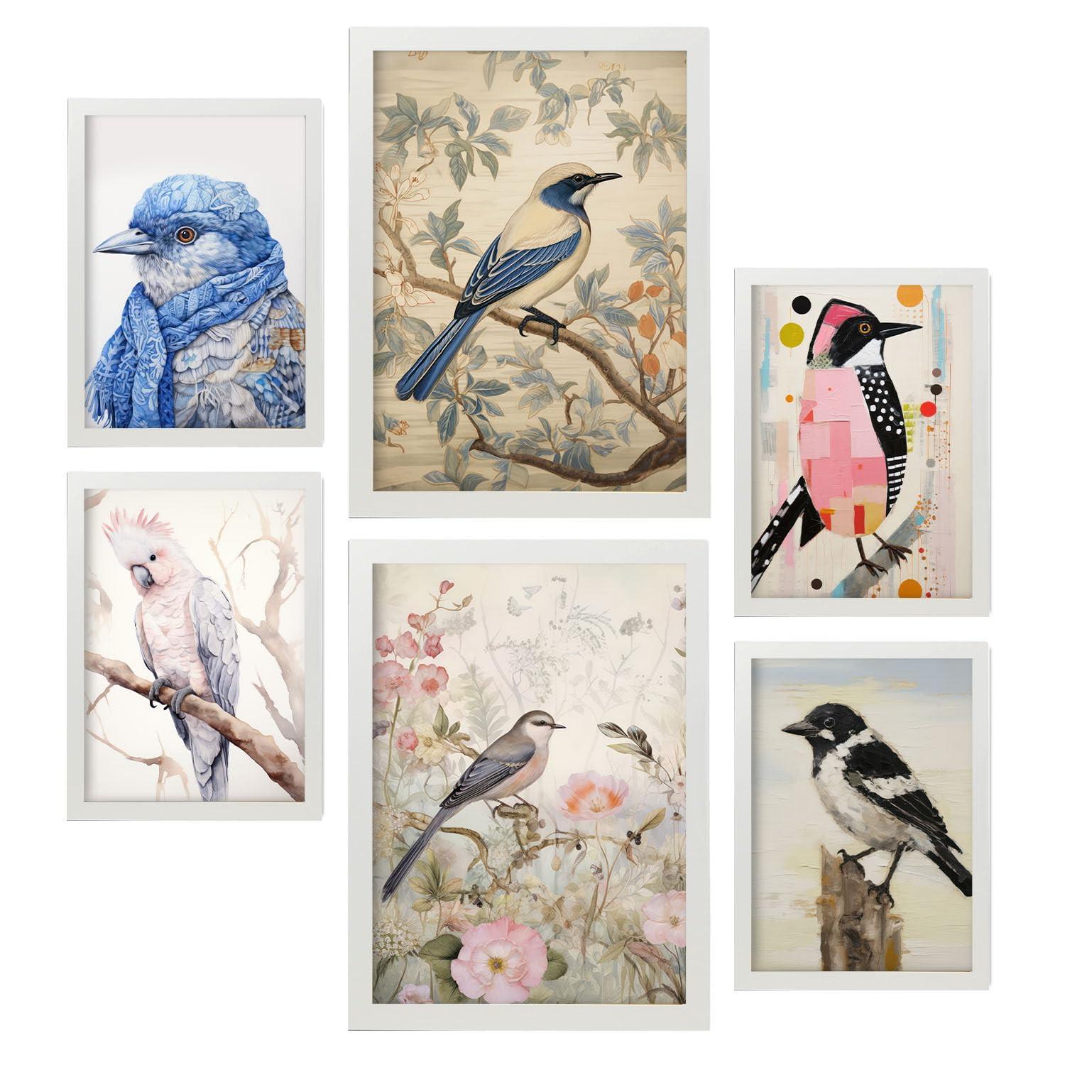 POSTER Set Mit 6 Vögel Illustrationen A3 & A4 Weißer Rahmen - Weiß, Papier (29/3cm) - Nacnic