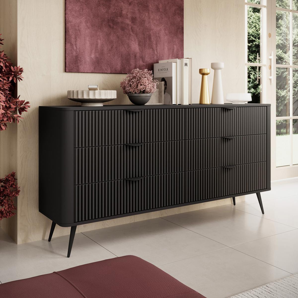 SIDEBOARD Vespasia 6S Schwarz 163,2/81,2/38 cm – Geriffelten Fronten - Schwarz, Holzwerkstoff/Metall (163/81.2/38cm) - AX Living