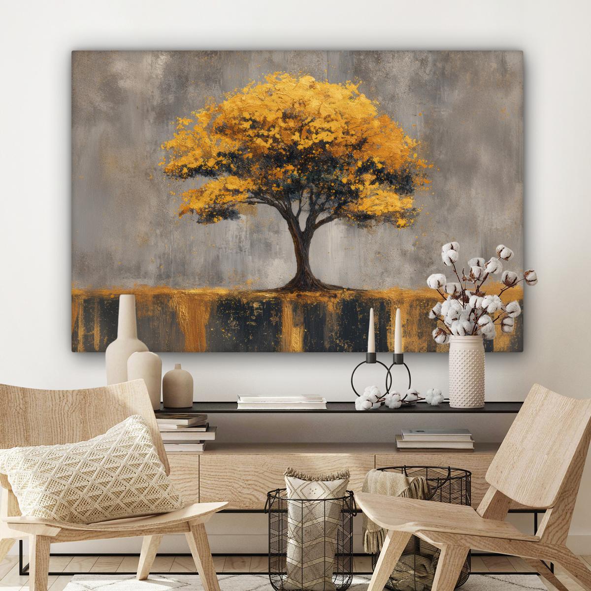 LEINWANDBILD Baum - Blätter - Gold - Abstrakt XXL 150x100 cm - Grau, Textil (150/100cm) - MuchoWow