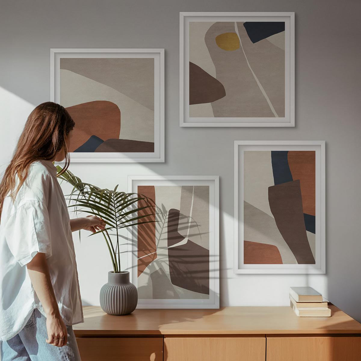 BILDER SET 4er Set - 50x50 cm & 40x60 cm Weißer Rahmen - Abstrakte moderne Formen - Weiß, Kunststoff (50/50cm) - TULUP
