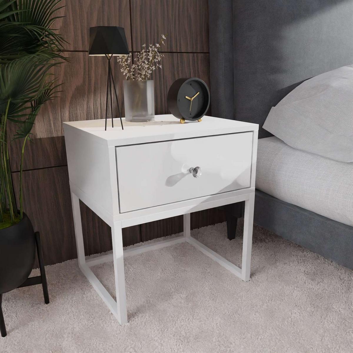 NACHTTISCH BLANCO LOFT Weiß Hochglanz auf weißem Gestell Kristallgriff - Weiß Hochglanz, Holzwerkstoff (45/53/37cm) - Lookway