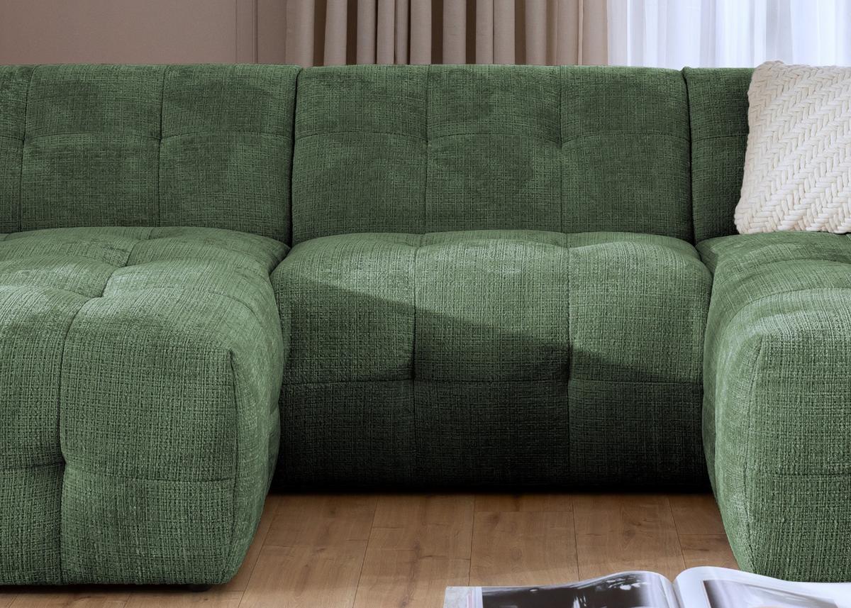 WOHNLANDSCHAFT in U-Form mit raffinierten Steppungen, 6-Sitzer, Wellenunterfederung, B323/T161/H79 cm, Chenille-Bezug in Grün / 21049 - Schwarz/Grün, Kunststoff/Textil (323/79/161cm) - luma-home