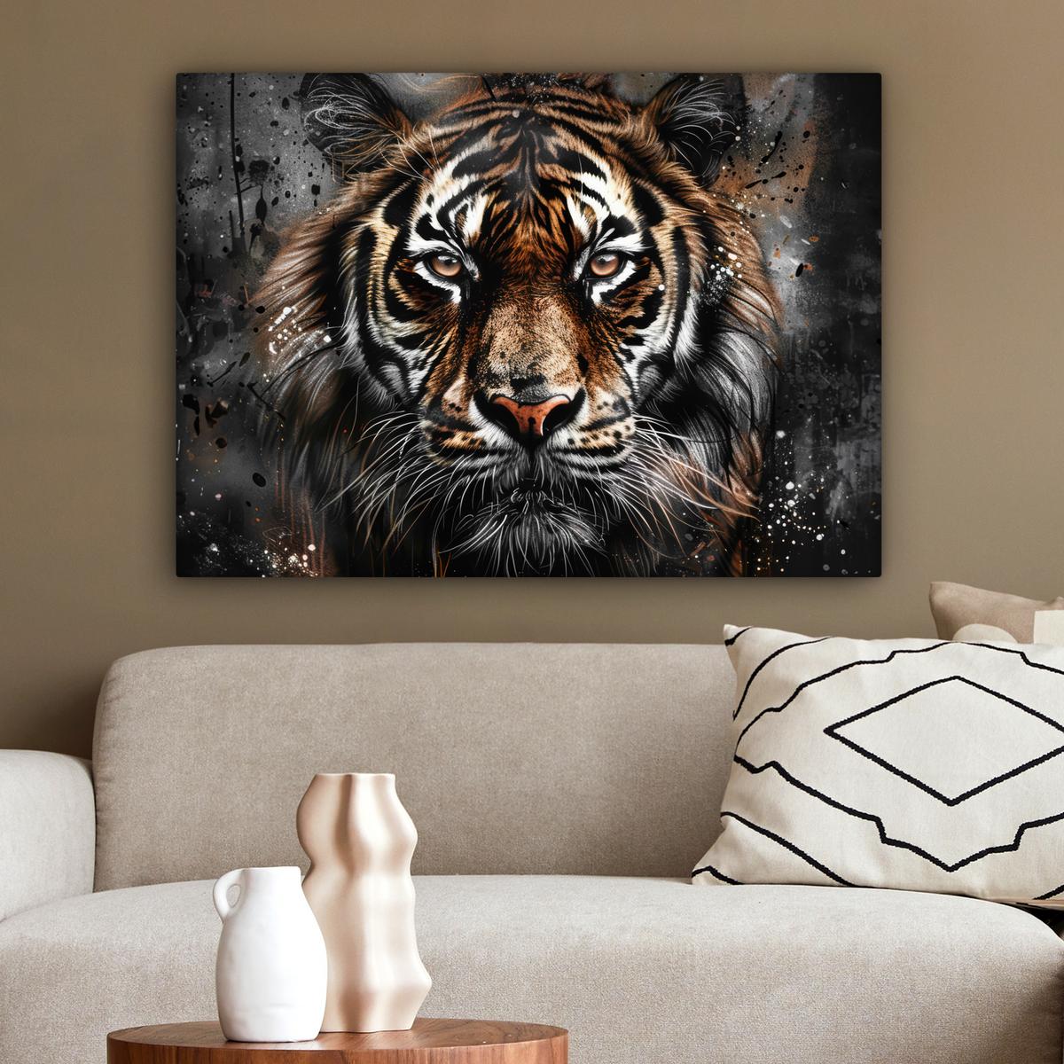 LEINWANDBILD Tiger - Tiere - Porträt - Luxus - Schwarz Wandbilder 80x60 cm - Anthrazit, Textil (80/60cm) - MuchoWow
