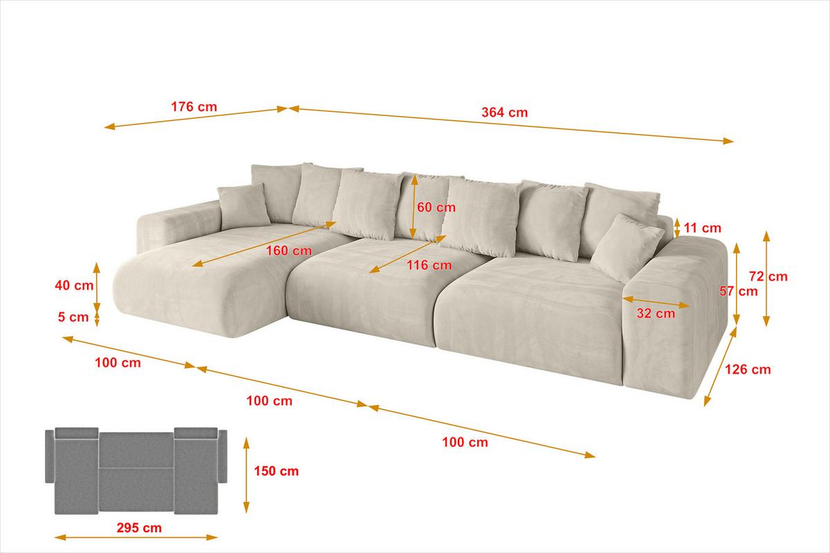 ECKSOFA Ottomane links ESKAR-L2 364x176x72 Cappuccino Velours - Schwarz/Cappuccino, Holzwerkstoff/Kunststoff (364/176cm) - ALTDECOR