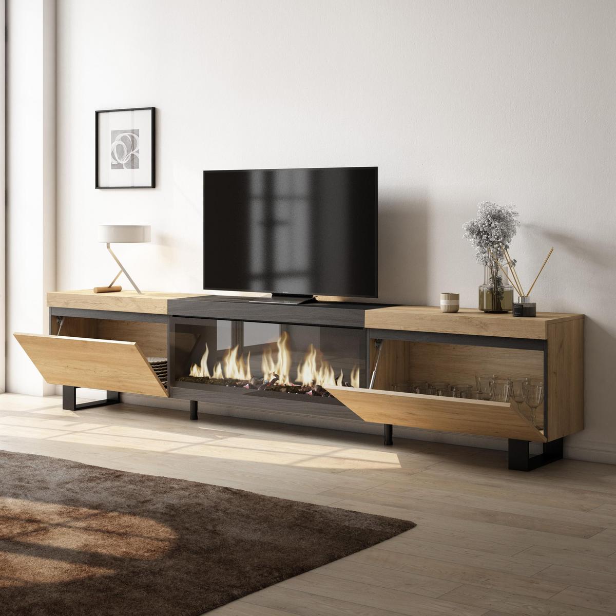 LOWBOARD, Tv-Schrank, mit Elektrokamin XXL, Eiche, Schwarz, 267/35/57cm - Eichefarben/Schwarz, Holzwerkstoff (267/57/35cm) - Skraut Home