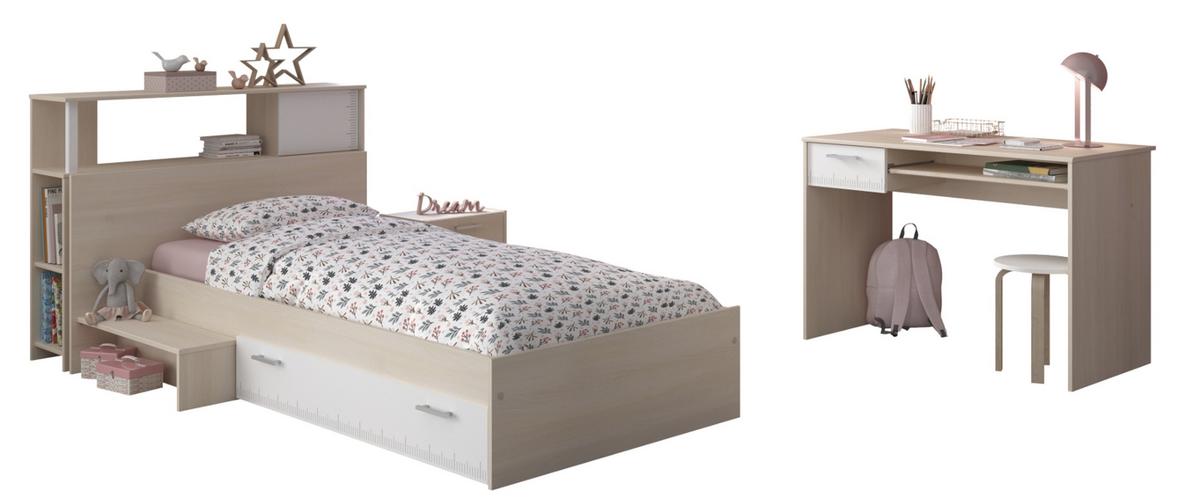 KINDERZIMMER Set 4-tlg Schreibtisch Nachttisch Stauraumbett 90 x 200 cm - Silberfarben/Weiß, Holzwerkstoff/Kunststoff (220/93/123cm) - Parisot Meuble