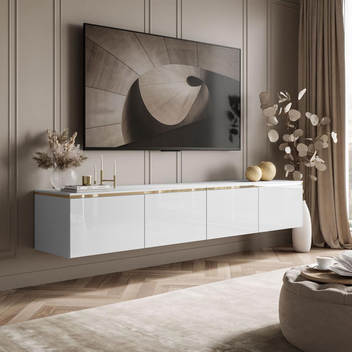 TV-RACK CELINE GLOSS 200 cm mit LED-Beleuchtung (hängend) - Weiß, Holzwerkstoff (200/35/40cm) - Lookway