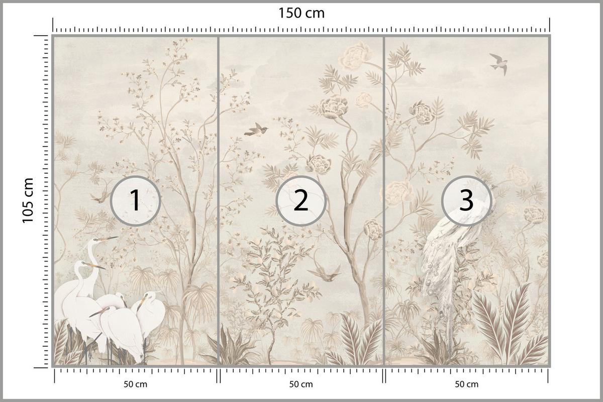 FOTOTAPETE für Esszimmer Weiße Vögel Bäumen Natur Kräne Blumen 150x105 - Beige, Papier (150/105cm) - Muralo