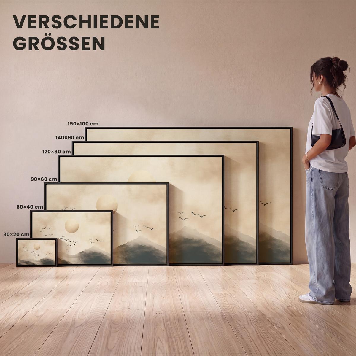 LEINWAND Bilder mit Rahmen - Landschaft - Japandi - Vogel - 140x90 - Beige, Textil (140/90cm) - MuchoWow