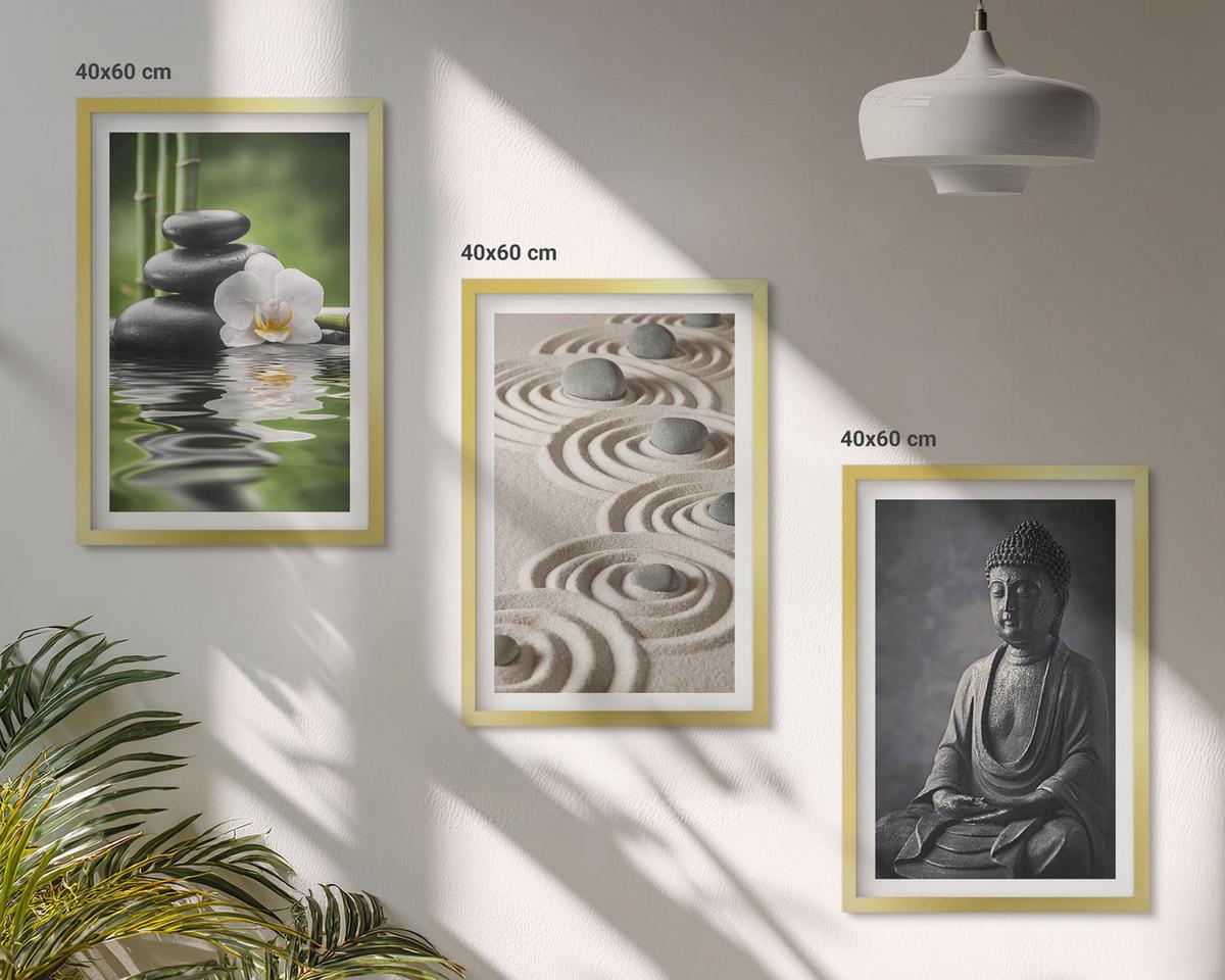BILDER SET 3er Set - 40x60 cm Goldrahmen - Entspannender Blick auf den Zen-Buddha - Goldfarben, Kunststoff (40/60cm) - TULUP