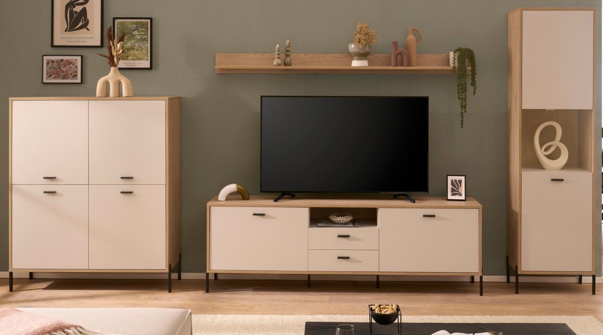 WOHNWAND Kaschmir, Eiche 384 cm Set 4-teilig, Wohnkombination mit Soft-Close - Kaschmir/Eichefarben, Glas/Holzwerkstoff (384/204/40cm) - Furn.Design