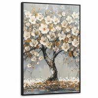 LEINWAND Bilder mit Rahmen - Baum - Blumen - Weiß - Natur - Kunst - 100x150 - Weiß, Textil (100/150cm) - MuchoWow