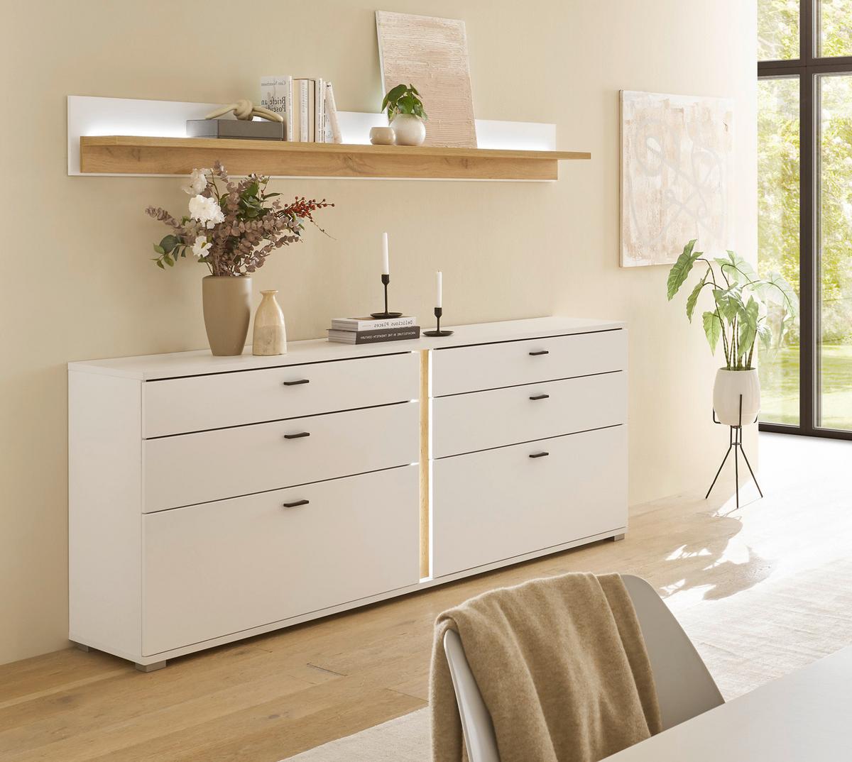 SIDEBOARD weiß matt, Eiche Wotan 200 cm, Kommode inklusive Frontbeleuchtung - Eiche Wotan/Silberfarben, Holzwerkstoff/Kunststoff (200/86/42cm) - Furn.Design
