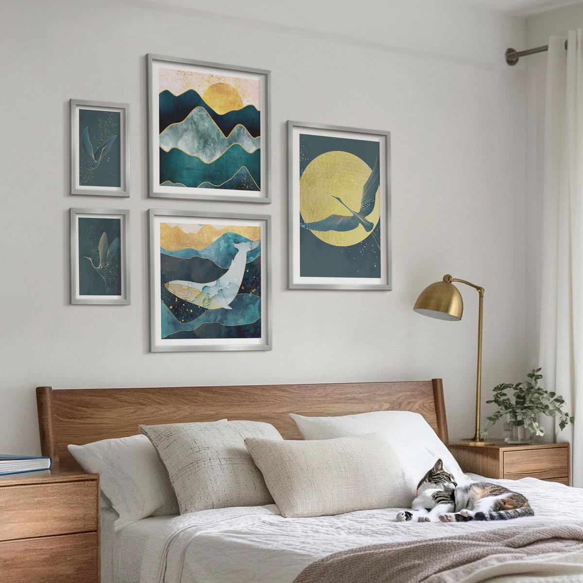 BILDER SET 5er Set - 50x50 cm & 20x30 cm & 40x60 cm Silberner Rahmen - Vögel, Kraniche, Mond, Berge - Silberfarben, Kunststoff (40/60cm) - TULUP