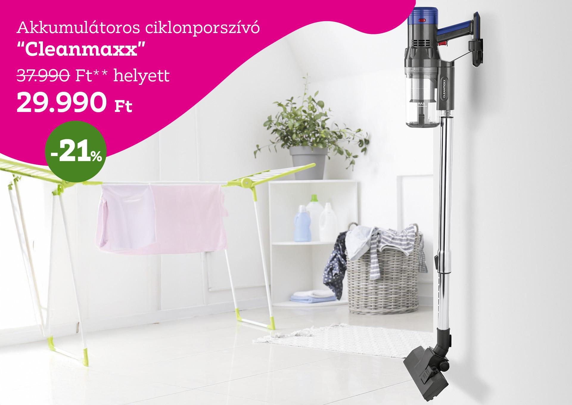 Akkumulátoros ciklonporszívó CLEANMAXX 37990 Forint helyett 29990 Forint, kedvezmény mértéke 21%