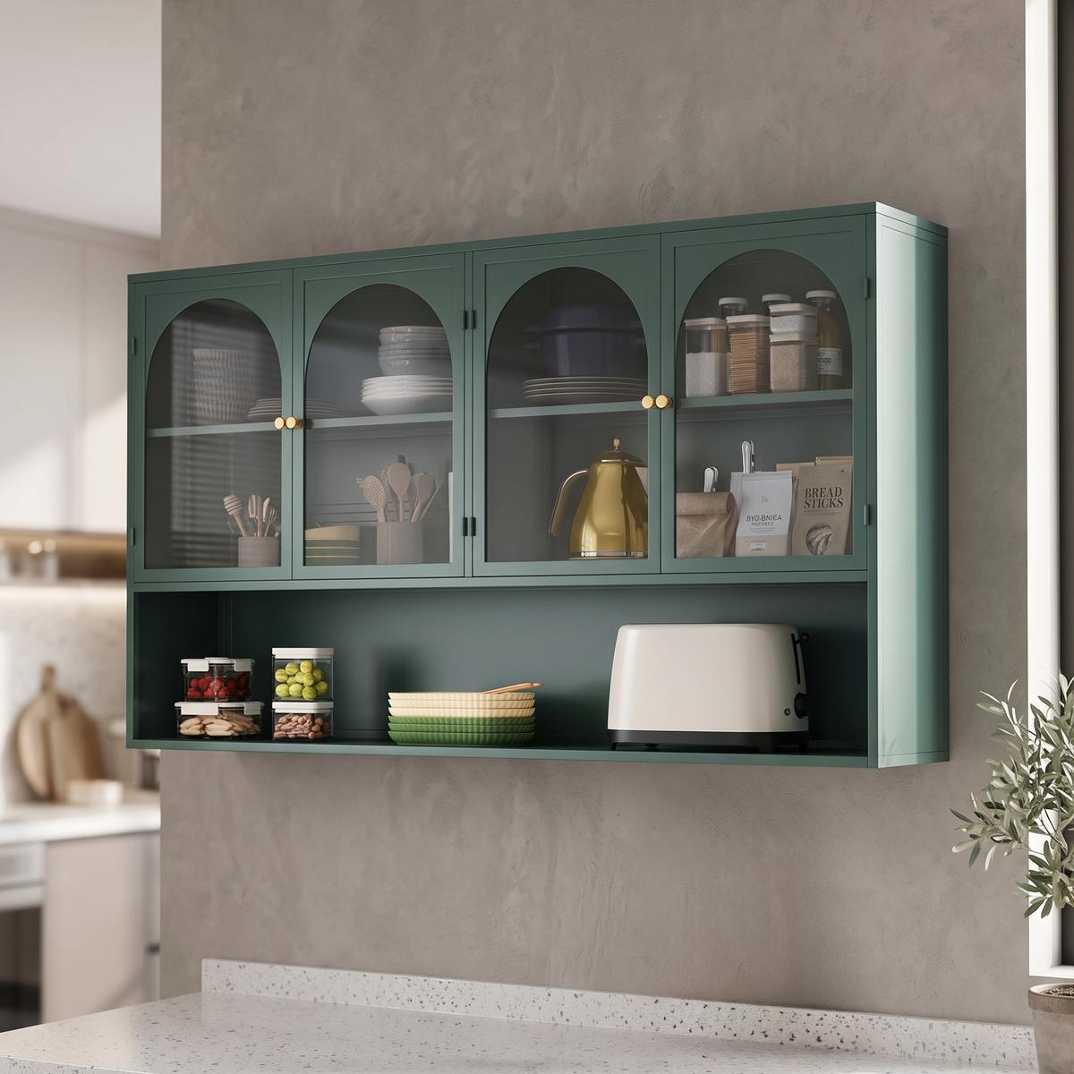WANDSCHRANK 120cm Metall 4 Türen Graues Glas - Dunkelgrün, Metall (120/70/23cm) - Urban Meuble
