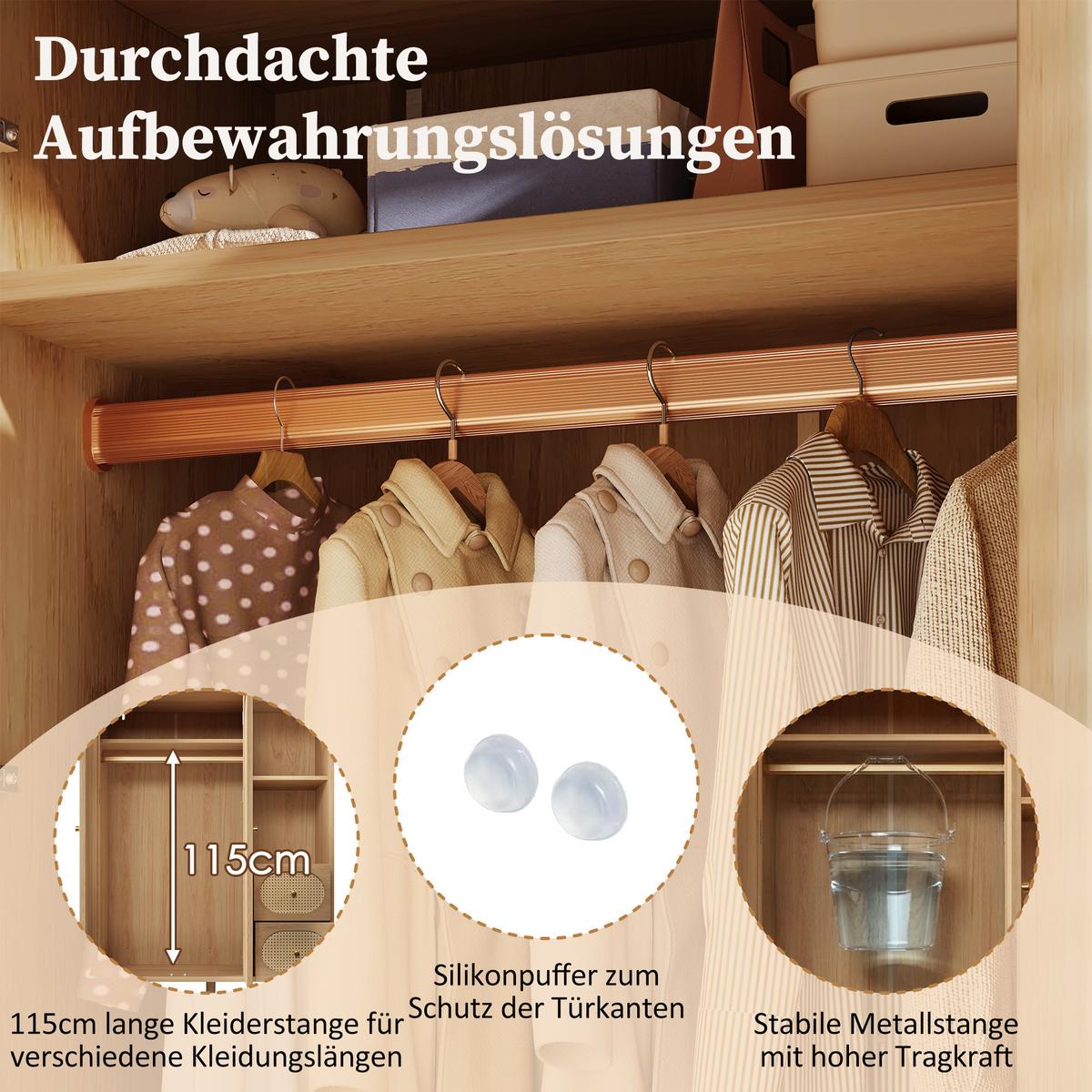 KLEIDERSCHRANK in Eichenoptik mit Rattan-Dekor, offenen Regalen und 2 Schubladen - Eichefarben, Holz (120/161/44cm) - Urban Meuble