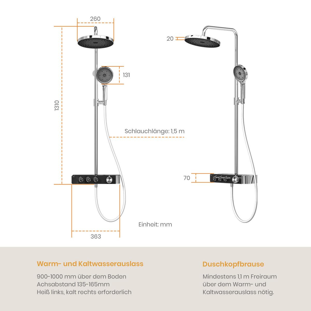 ÜBERKOPFBRAUSESET mit Thermostat Runde Überkopfbrause Vielseitig Chrom - Chromfarben, Metall (35.5/119/40cm) - EMKE
