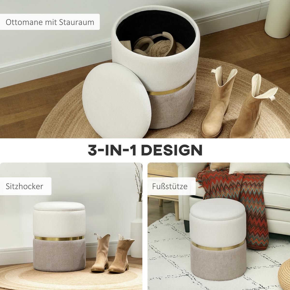 SITZHOCKER mit Stauraum Hocker mit Deckel, Metallring, zweifarbig Design Rund - Creme, Kunststoff (36/44/36cm) - HOMCOM