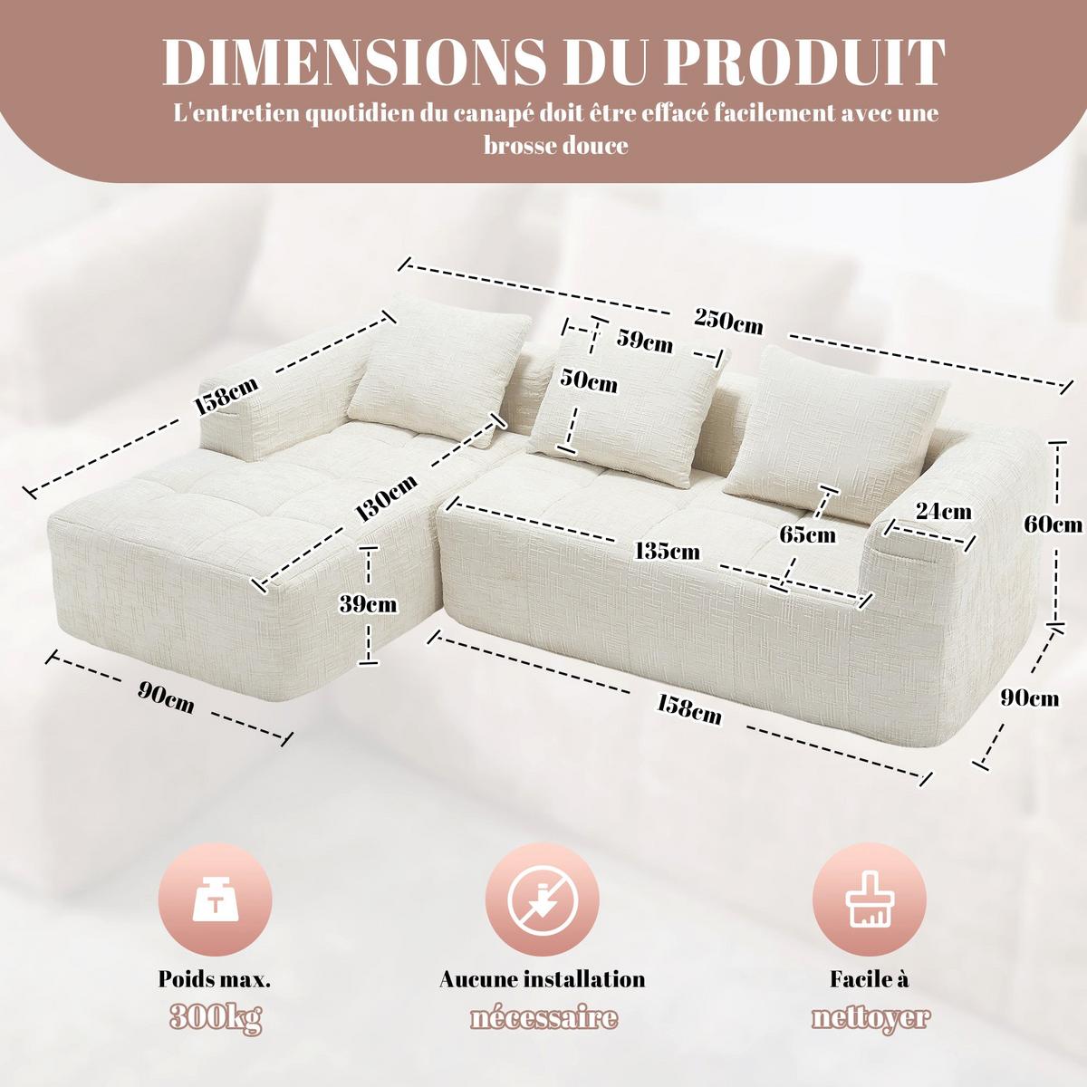 ECKSOFA 3-Sitzer mit Chaiselongue Taschen, Beige Chenille - Beige, Textil (158/250cm) - Urban Meuble