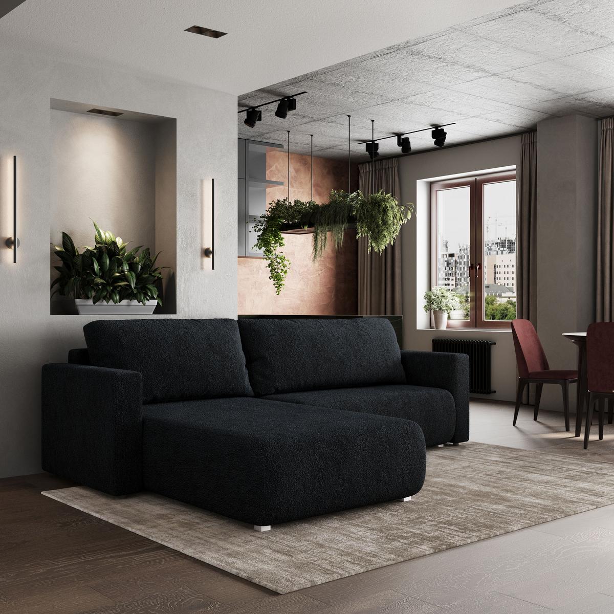 ECKSOFA TURIN N Schwarz Bucle-Stoff mit Schlaffunktion - Schwarz/Grau, Holz/Kunststoff (265/183cm) - MASSENO