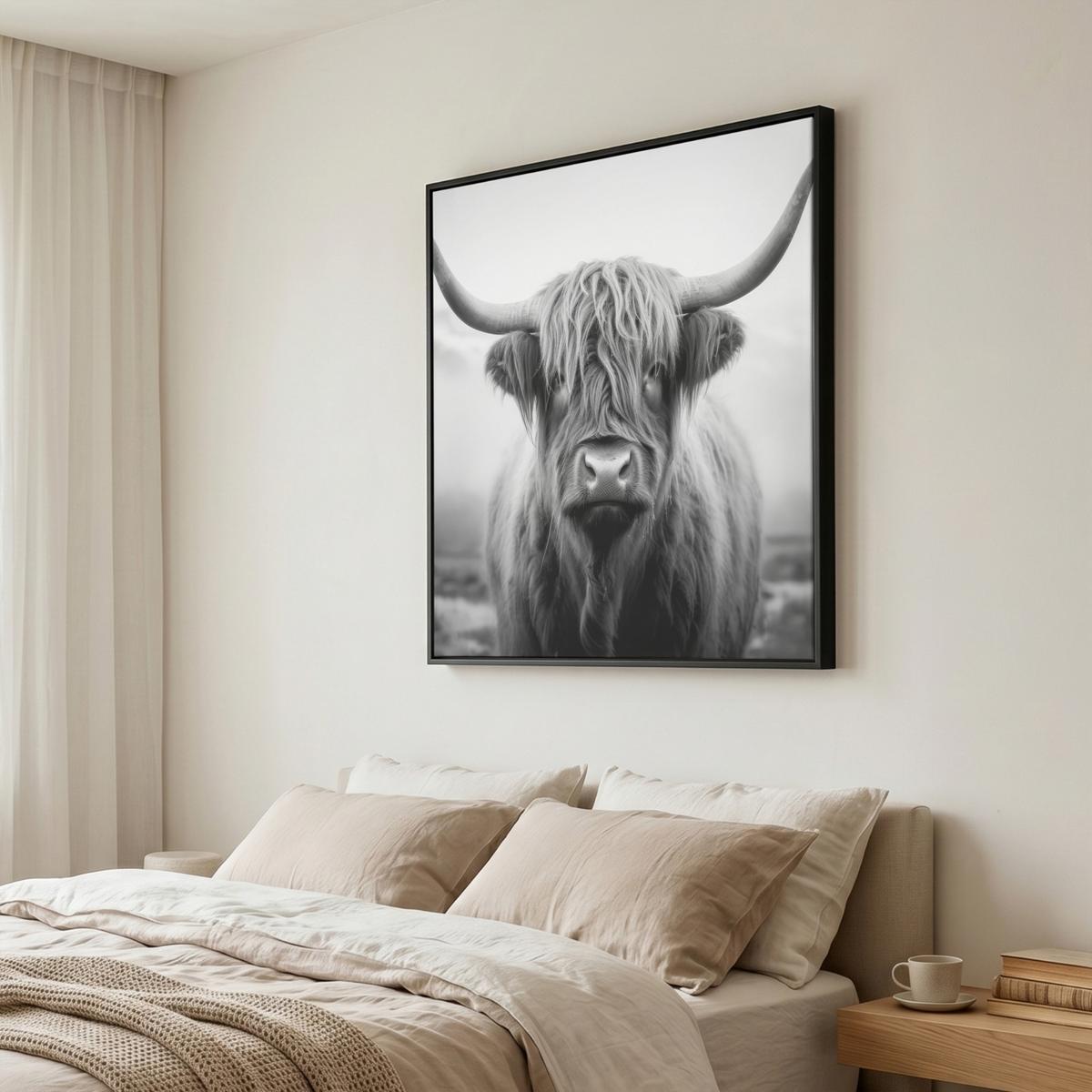 LEINWAND Bilder mit Rahmen - Schottischer Highlander - Nebel - Schwarz - Weiß - 90x90 - Grau, Textil (90/90cm) - MuchoWow