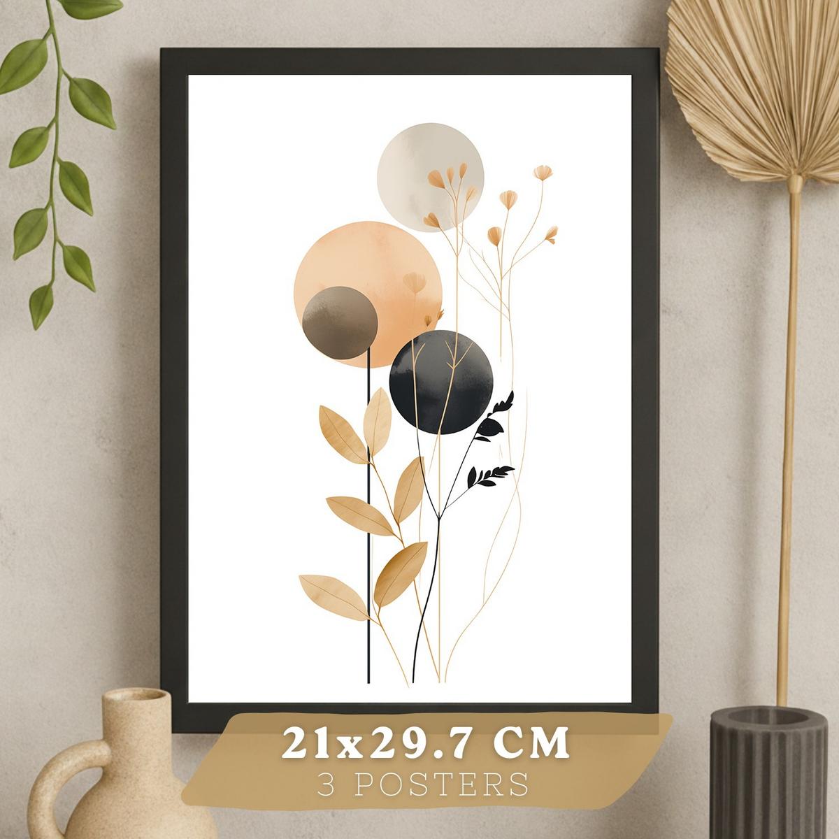 POSTER 3er-Set Wandbilder Geometrische Blumen modern Wohnzimmer Deko, Schlafzimmer, Küche, Badezimmer Schwarzer Rahmen A3 - Schwarz, Papier (29.7/1/42cm) - Nacnic
