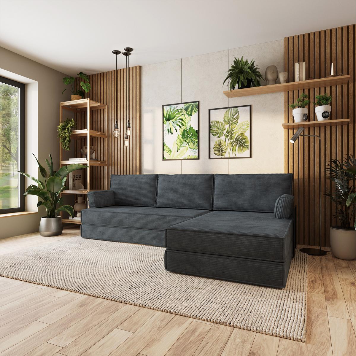 ECKSOFA ANKO modulares Boneless Sofa mit Schlaffunktion Grau Kordstoff - Dunkelgrau, Textil (270/160cm) - MASSENO