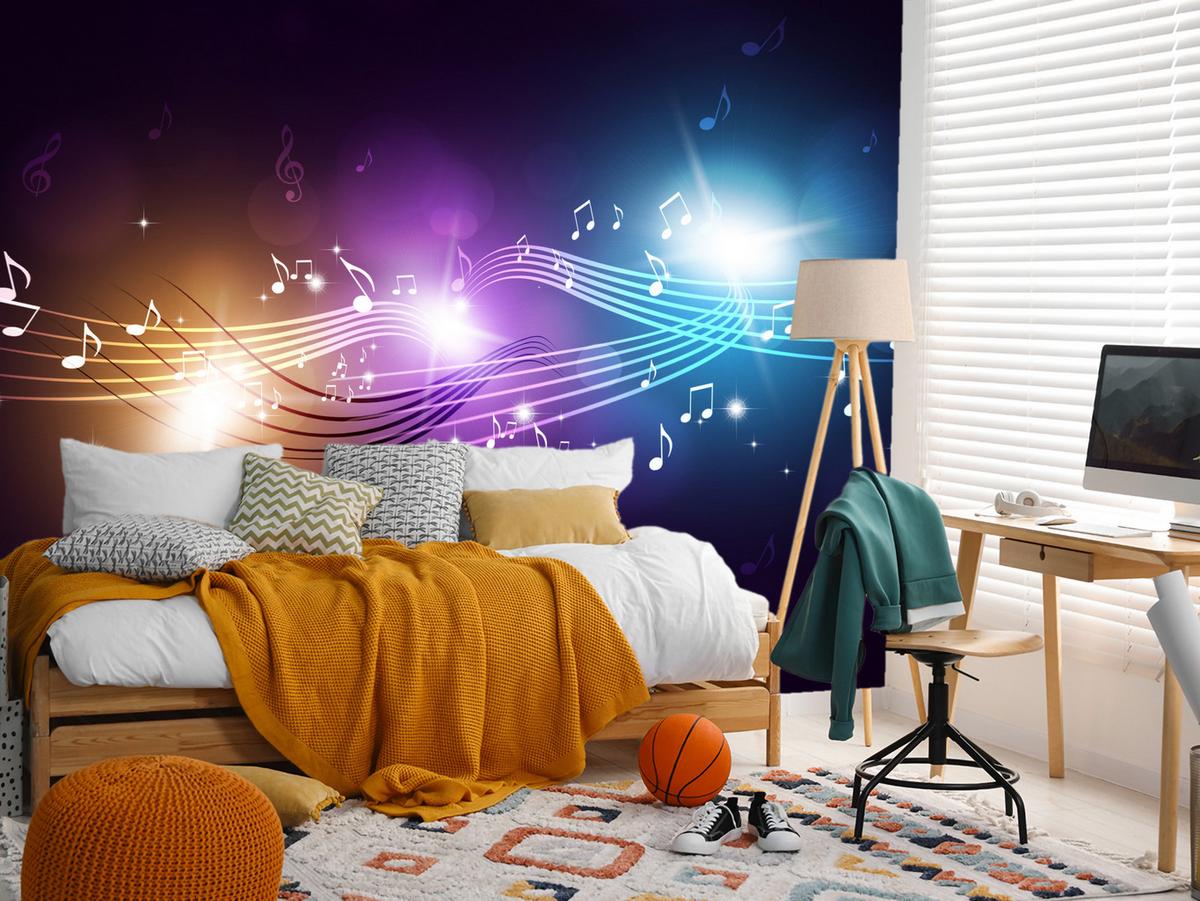 FOTOTAPETE für Jugendzimmer Noten Buntes Hintergrund Musik 450x315 - Blau/Gelb, Papier (450/315cm) - Muralo