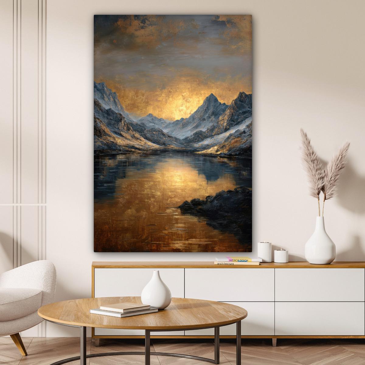 LEINWANDBILD Bergkulisse mit goldenem Sonnenuntergang Deko Groß 90x140 cm - Goldfarben, Textil (90/140cm) - MuchoWow