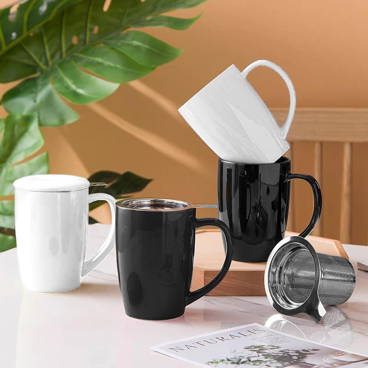 KAFFEETASSE mit Deckel und Teeaufgießer 350 ml - Weiß, Keramik (0.35L) - Intirilife