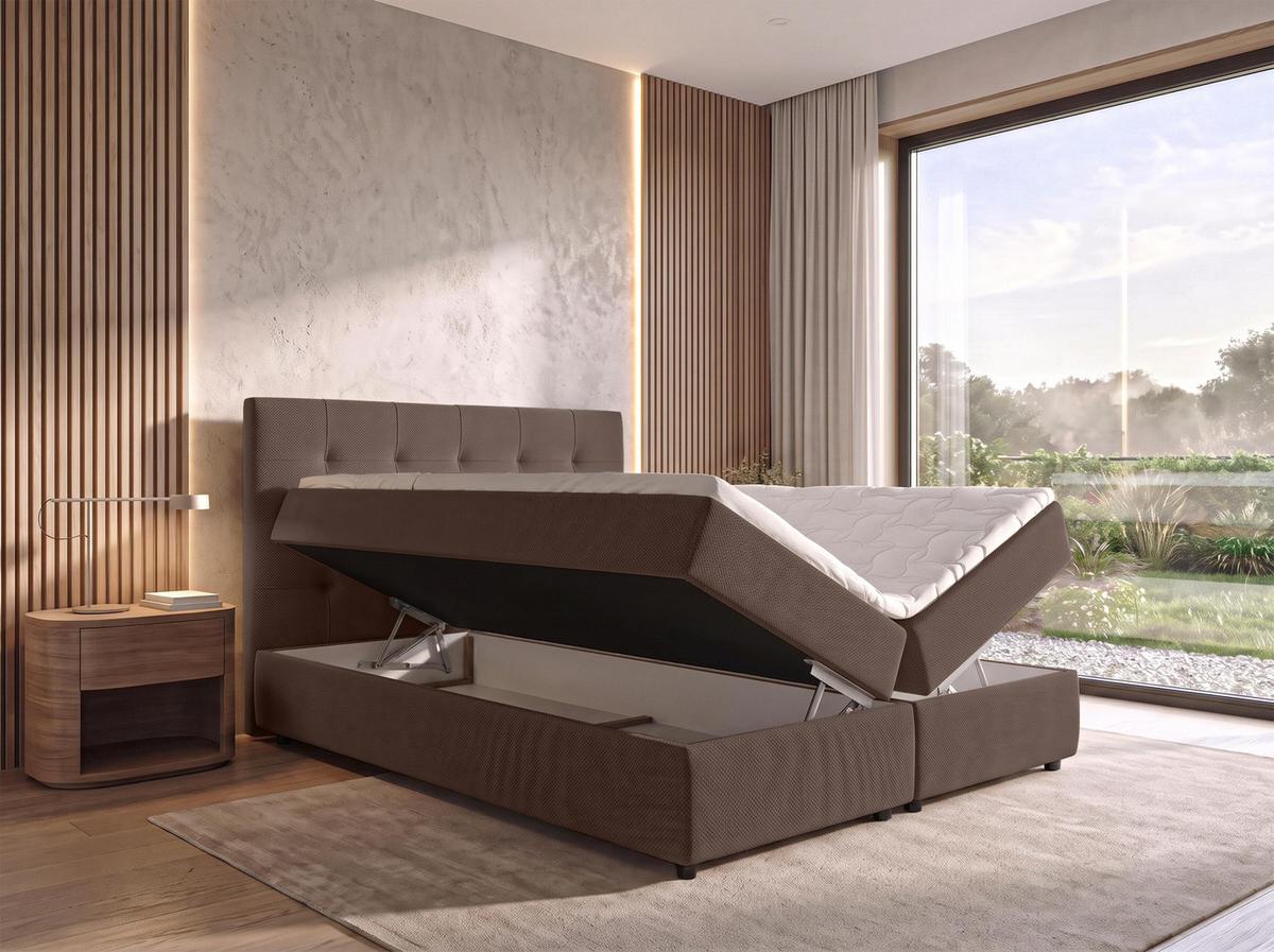 BOXBETT SAKARYA 140x200 cm mit Bettkasten und Matratze - Braun + TOPPER - Schwarz/Braun, Holz/Holzwerkstoff (140/200cm) - AX Living