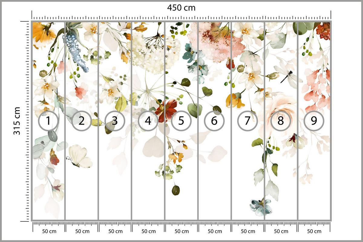 FOTOTAPETE für Schlafzimmer Bunte Zarte Blumen Blätter Pastell 450x315 - Ecru/Beige, Papier (450/315cm) - Muralo