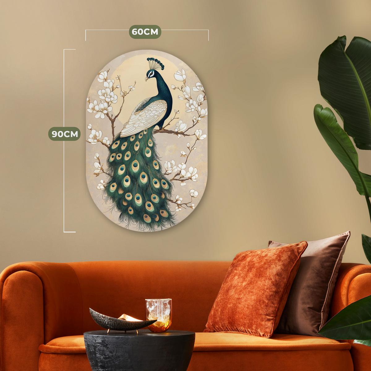 WANDBILD Pfau - Zweig - Blumen Wanddeko Schlafzimmer 60x90 cm - Champagner, Kunststoff (60/90cm) - MuchoWow