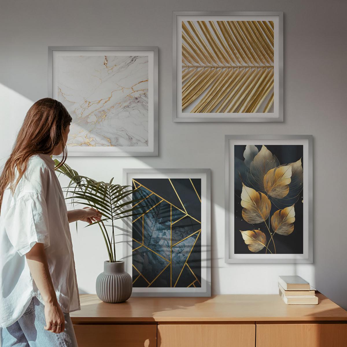 BILDER SET 4er Set - 50x50 cm & 40x60 cm Silberner Rahmen - Moderne Pflanzenmuster - Silberfarben, Kunststoff (50/50cm) - TULUP